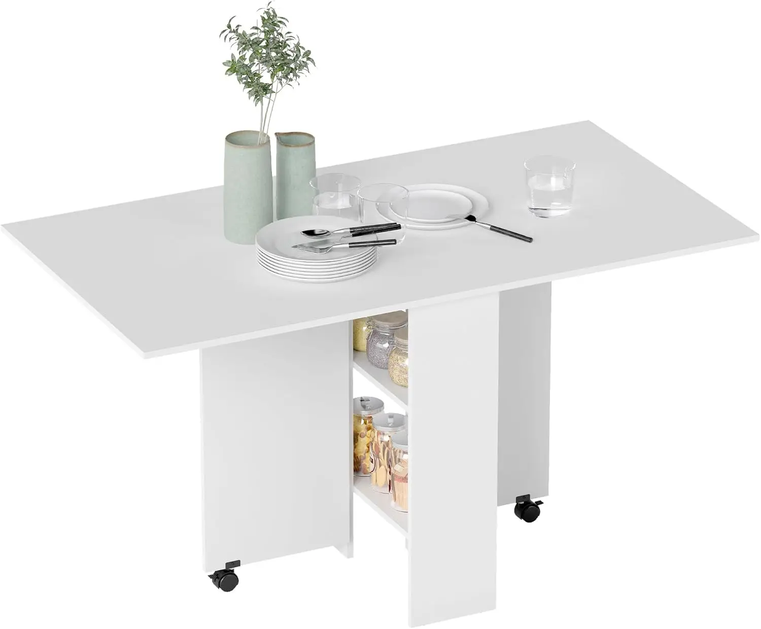 Klapptisch mit Rollen, Schreibtisch, Beistelltisch, Tisch mit Ablagefläche für Esszimmer, Holz, Weiß, 80 x 140 x 74 cm