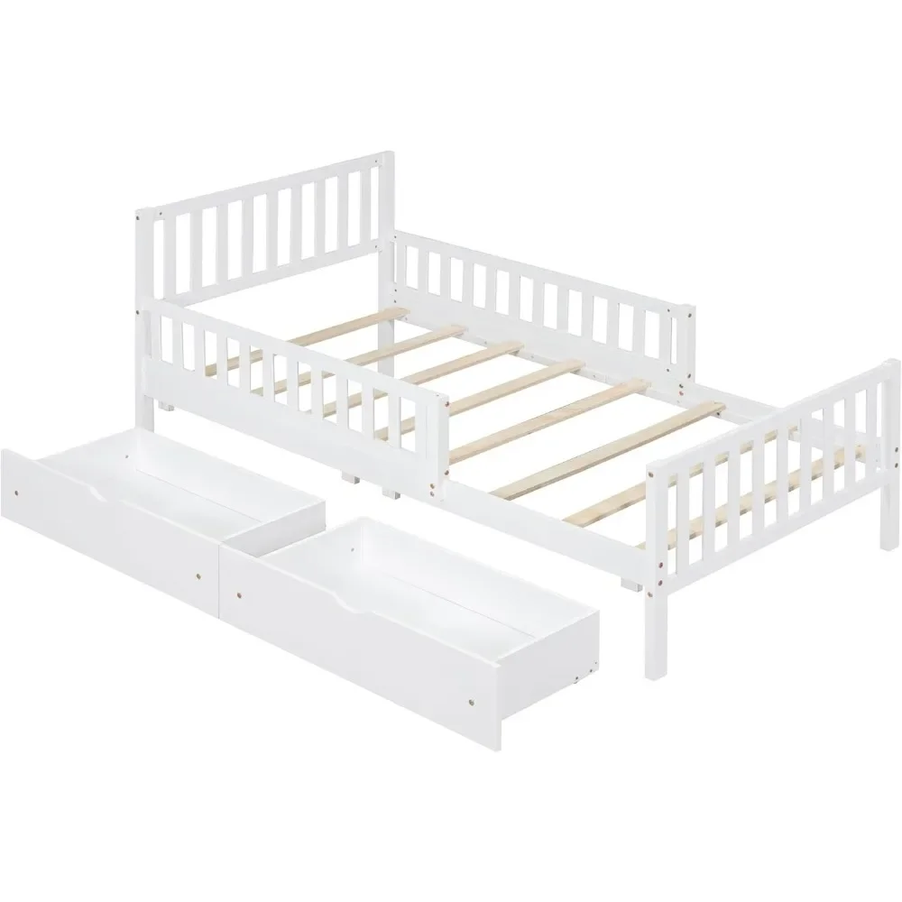 Twin Bed Frame with Storage Drawers and Fence Rails,Wood Platform Beds with Headboard and Slat Support for Kids Boys Girls Teens