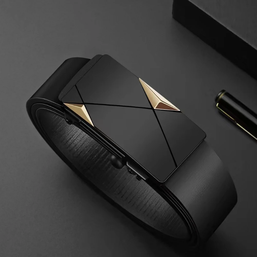 Cinturón con hebilla automática de PU para hombre, moda de lujo, informal, Color sólido, cinturón de aventura al aire libre para regalar al padre
