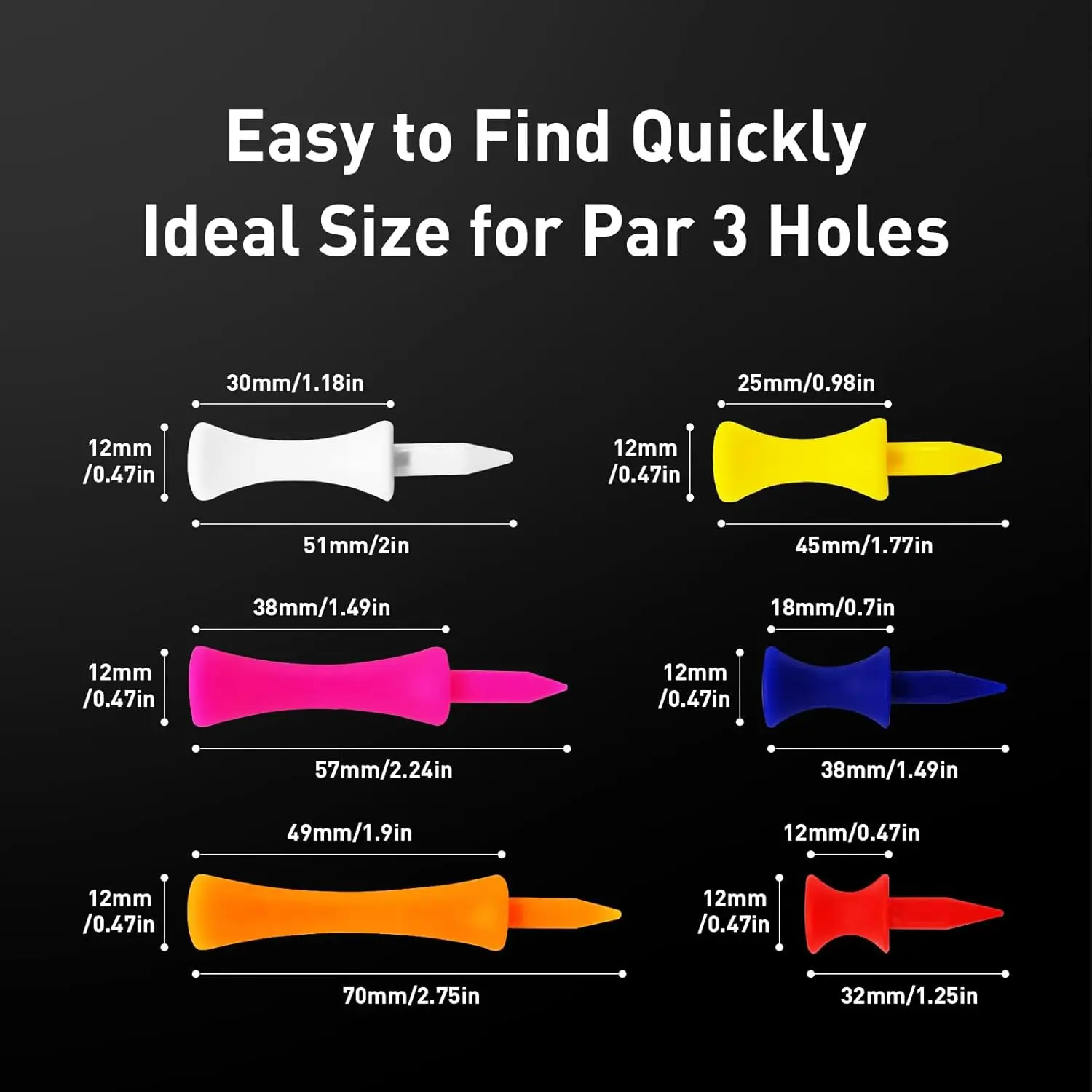 Tees in plastica per castello da golf Step Down infrangibili misti o stesso valore di altezza 50 pezzi, 2 3/4, 2 1/4, 2, 1 3/4, 1 1/2 pollice di lunghezza