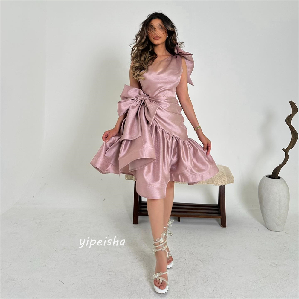 Customizeds Pleat Bow Wedding Party A-line One-shoulder Bespoke Occasion Dresses Knee-Length