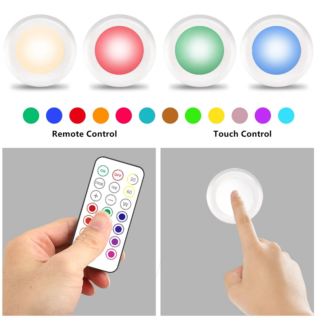 부엌 침실 옷장 카운터에 대 한 원격 제어 무선 RGB 색상 변경 밤 빛으로 캐비닛 조명 아래 Led