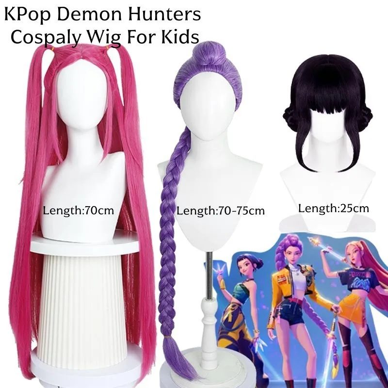 Film Kpop Parrucca Cosplay per ragazze per bambini Mira Rumi Zoey Demon Hunters Viola Nero Rosso Capelli lunghi Puntelli Cosplay di Halloween