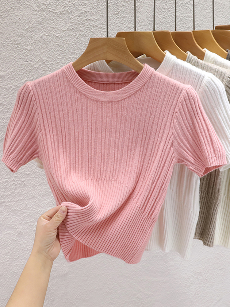 2025 夏の Tシャツ女性のためのカジュアル女性韓国ニットストリート Tシャツ基本固体ヤングクールトップス