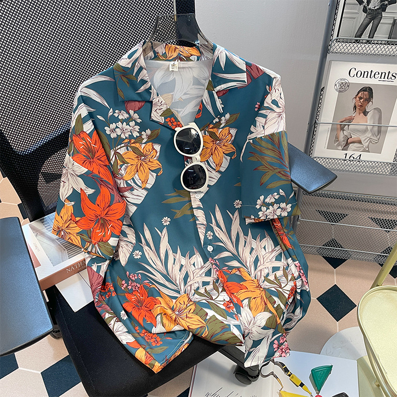 ผู้ชาย Street แฟชั่นฤดูร้อนทุกวันเสื้อฮาวายการ์ตูนพิมพ์เสื้อหลวมๆแขนสั้นชายหาดเสื้อหลวม
