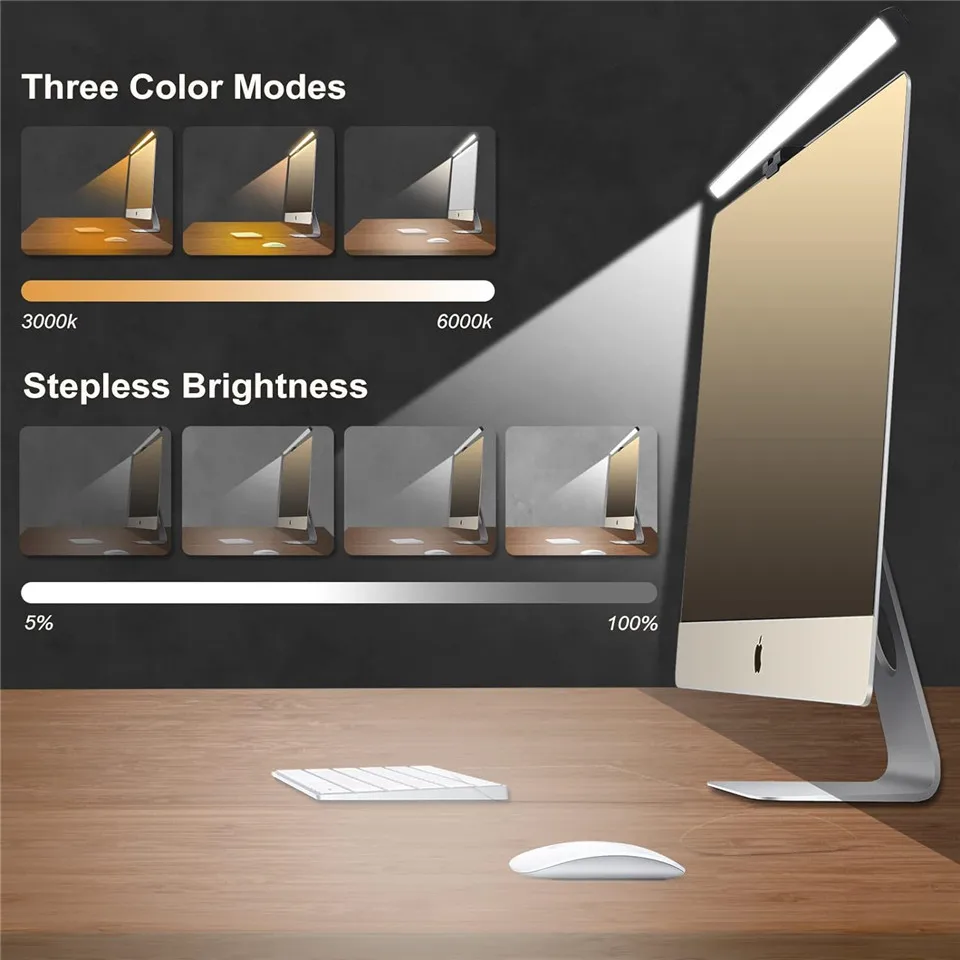 Eye-Care-Lampe de bureau LED pour écran d'ordinateur, 33cm, 50cm, barre lumineuse de moniteur PC, gradation en continu, lecture USB 62, lampes de table