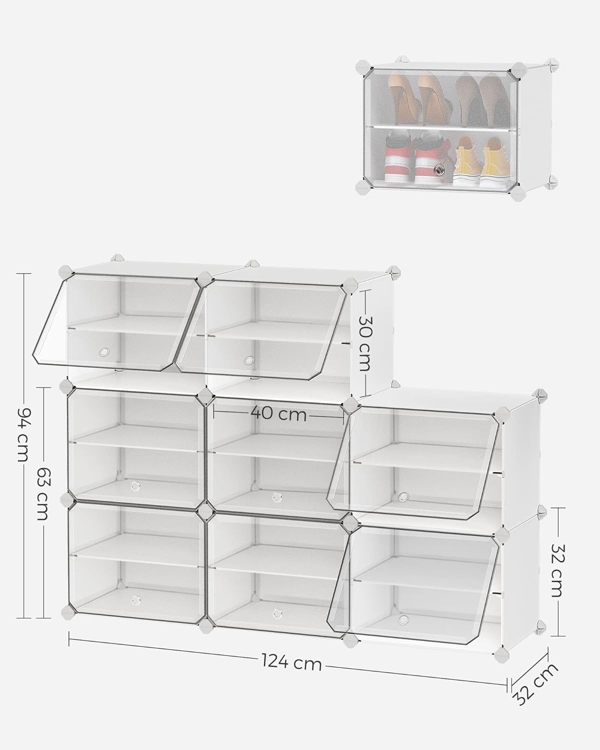 Livraison gratuite—SONGMICS Étagère à Chaussures 8 Compartiments, Étagère de Rangement Modulable, Compartiment de 30 x 40 x 30 cm, avec Porte, Cadre en Acier, Panneaux en Plastique, Blanc LPC034W01
