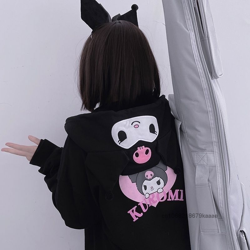 SANRIO Kuromi Cinnamoroll เสื้อมีฮู้ดปอมปอมพูรินสไตล์ญี่ปุ่นเสื้อโค้ทลำลองทรงหลวมแฟชั่นผู้หญิง Y2k น่ารักเด็กผู้หญิง