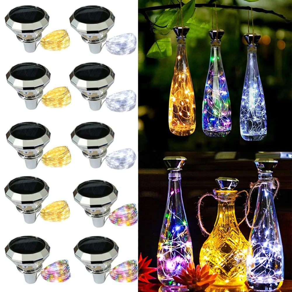 Luces solares para botellas de vino en forma de diamante, 2M, 20LED, cadena de luces de hadas Multicolor impermeable para jardín, terraza, decoración de fiestas
