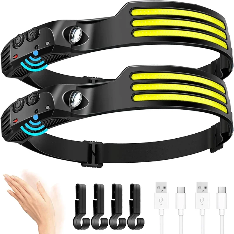 Linterna frontal LED COB, lámpara de cabeza de inducción con batería integrada, linterna de cabeza recargable por USB, faro con Sensor para pesca y acampada al aire libre