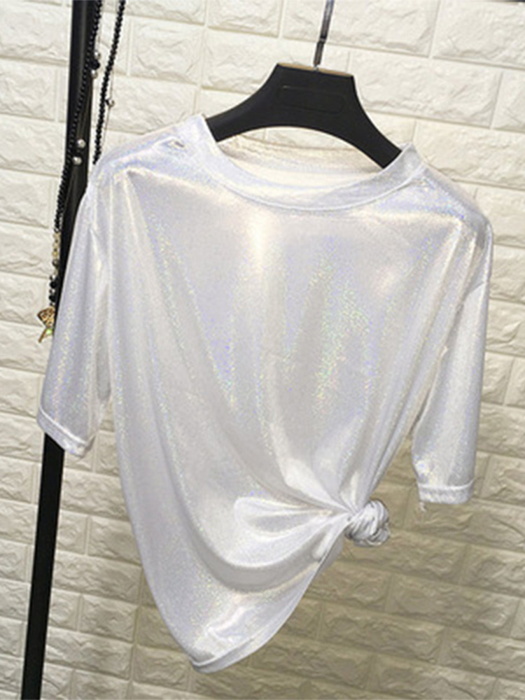 夏の女性トップス光沢のあるルーズ半袖 tシャツセクシーなクラブ美的原宿女性スタイリッシュな明るいシルク tシャツ