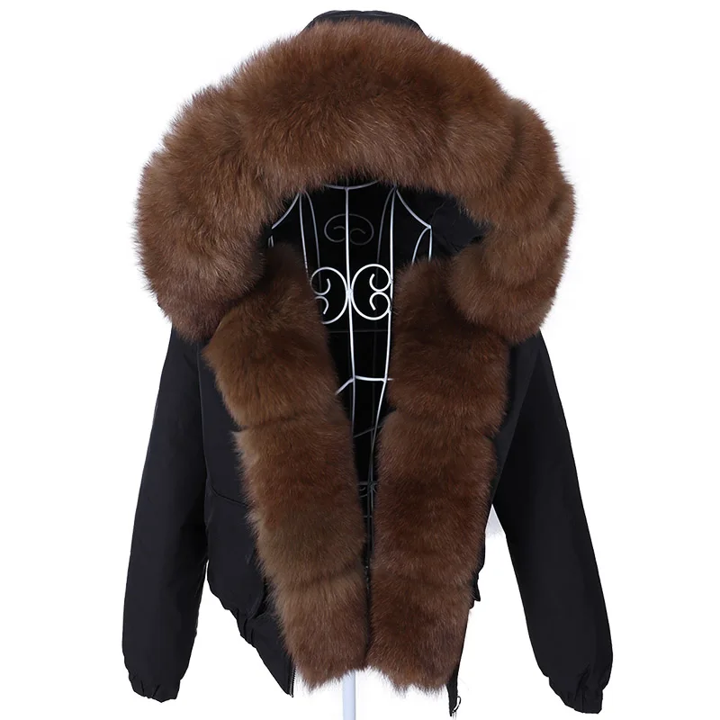 Maomaokong Mode kurze Frauen natürlichen echten Fuchs Pelz Waschbär Pelz Kragen Winter Parka Bomber Jacke wasserdichten Mantel Baumwolle gepolstert