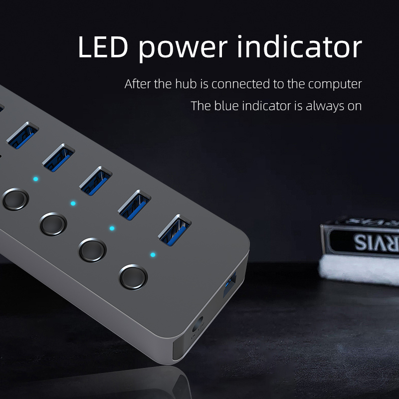 Blueendless USB Hub 3.0 7 portów 10 portów Aluminiowa obudowa Splitter Split Switch Adapter Zasilacz 12V do PC Macbook lapt