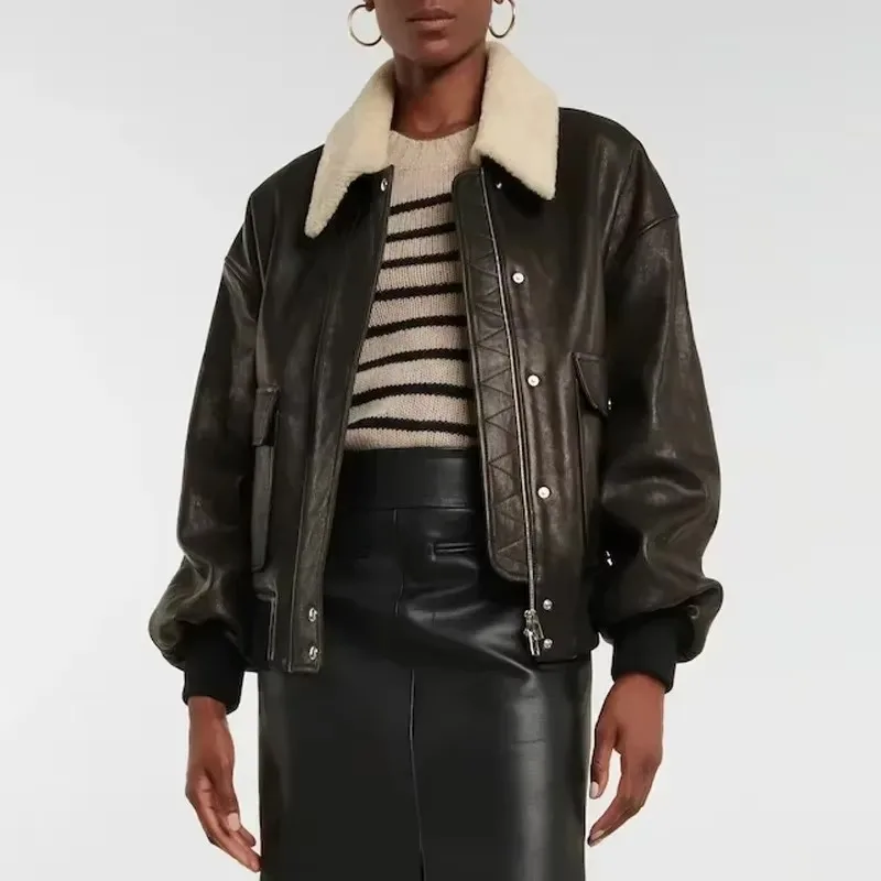 Kh@-Women's Leather Jacket with Removable Fur Collar, Thickened Coat, Loose Parkas, Faux Fur Coat Winter and Spring 2025