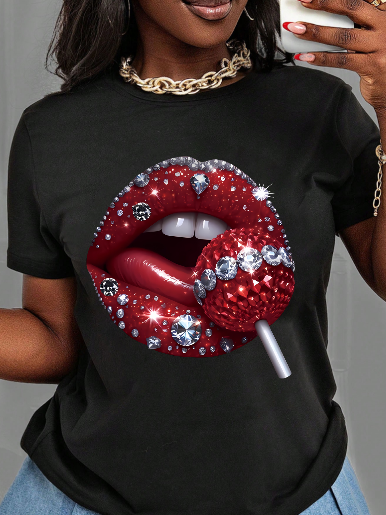 Big Mouth Eating Lollipop-Muster Rundhalsausschnitt Plus Size Damen T-Shirt Kurzarm Trenddruck elastisches Halbarm-T-Shirt