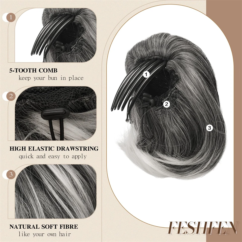 AOSI Short Ponytail Bun With Comb Clip Drawstring Synthetic Hair Extensions Gray And White Hair Extensions Ponytail Wig