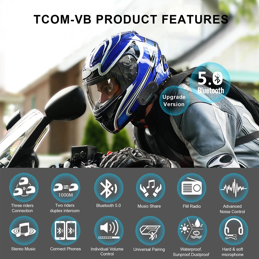 Гарнитура для мотоциклетного шлема FreedConn TCOM VB, Bluetooth 5,0, FM-радио