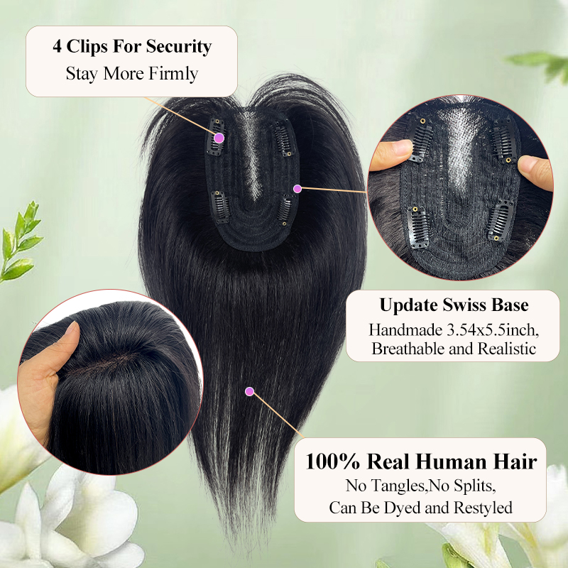 วิกผมด้านบนสุดของผู้หญิง25ซม. มีที่หนีบผม9X14cm 100% เส้นผมมนุษย์สำหรับกิ๊บติดผมแบบบางในที่ยืดผมหนึ่งชิ้น