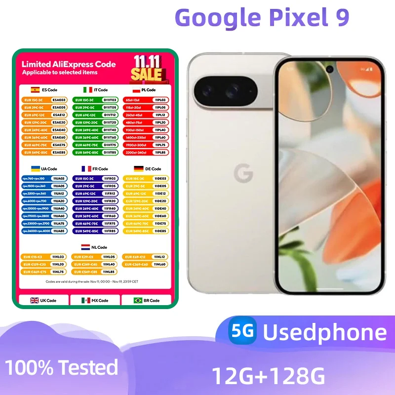 Google Pixel 9 โทรศัพท์ 5G Nano SIM และ eSIM 6.3 ''120Hz หน้าจอ 12GB + 256GB 4700 mAh แบตเตอรี่ 50MP กล้อง Android 13