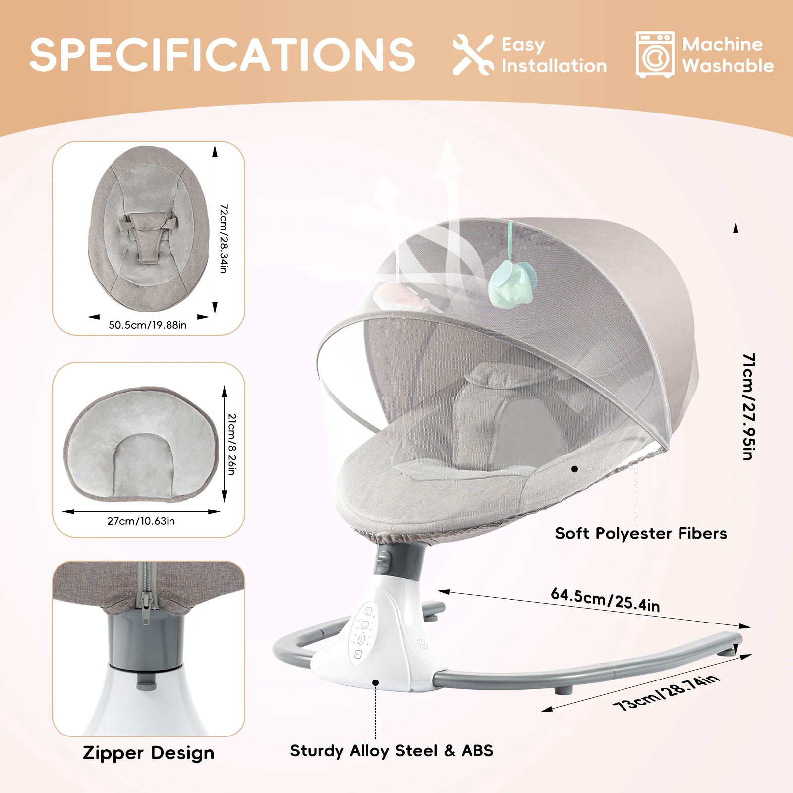 Balançoire électrique pour bébé, videurs à 4 vitesses, berceuses intégrées, fonction Bluetooth, pare-soleil, moustiquaire, télécommande