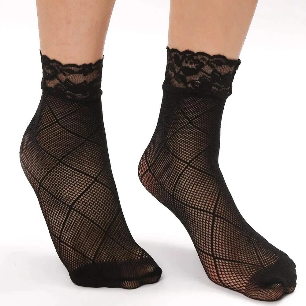 5/10/20 paia di calzini da donna in pizzo vintage calzini estivi elastici trasparenti alla caviglia Lolita donna versatile rete da pesca calzino nero