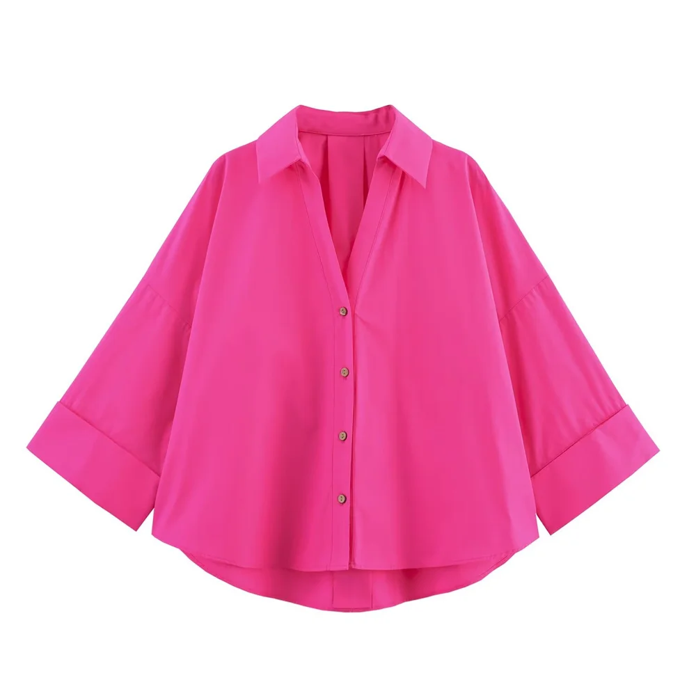 2025 Camisa feminina azul claro com botão grande – com mangas enroladas e decote em V para um visual casual e chique