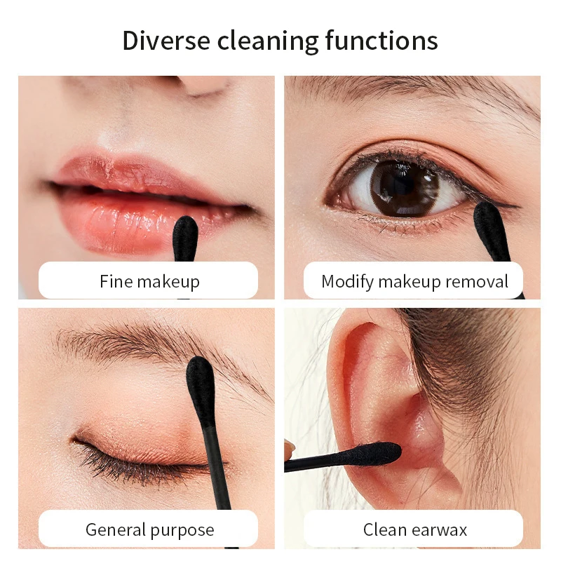 Dual-ended dual-ใช้ 2-in-1 สีดําผ้าฝ้ายช้อนหูเครื่องสําอางในครัวเรือนทิ้งผ้าฝ้าย Swabs ทําความสะอาดหูกลวง 100 PC