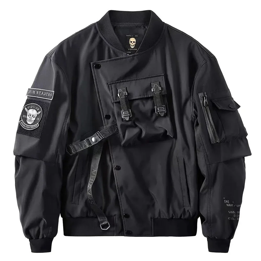 Homens outono inverno americano rua workwear jaquetas 2024 novo bolso com zíper cor sólida crânio morte bordado moda tendência jaqueta