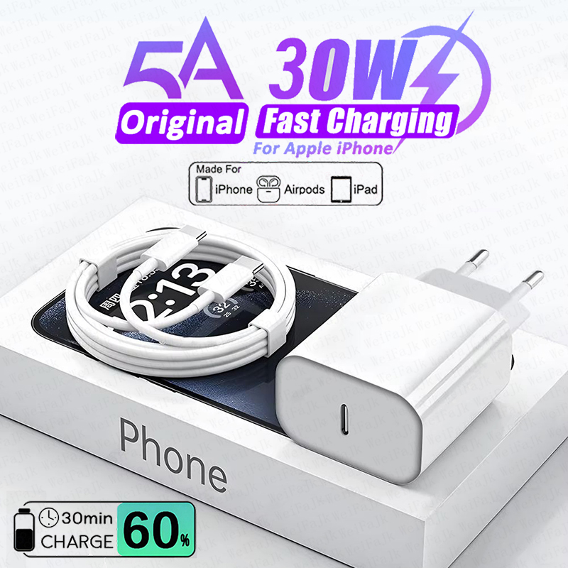Оригинальное быстрое зарядное устройство Apple 30 Вт типа C для iPhone 16 15 14 13 12 11 Pro Max Mini X XS XR Plus Magsafe Беспроводной кабель с молнией для быстрой зарядки