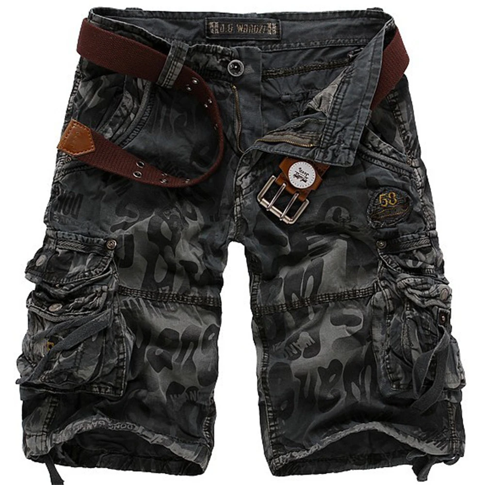 Calções de trabalho estampados com camuflagem masculina, bolso múltiplo, com zíper, botão, combate militar, diário, casual, rua, verão