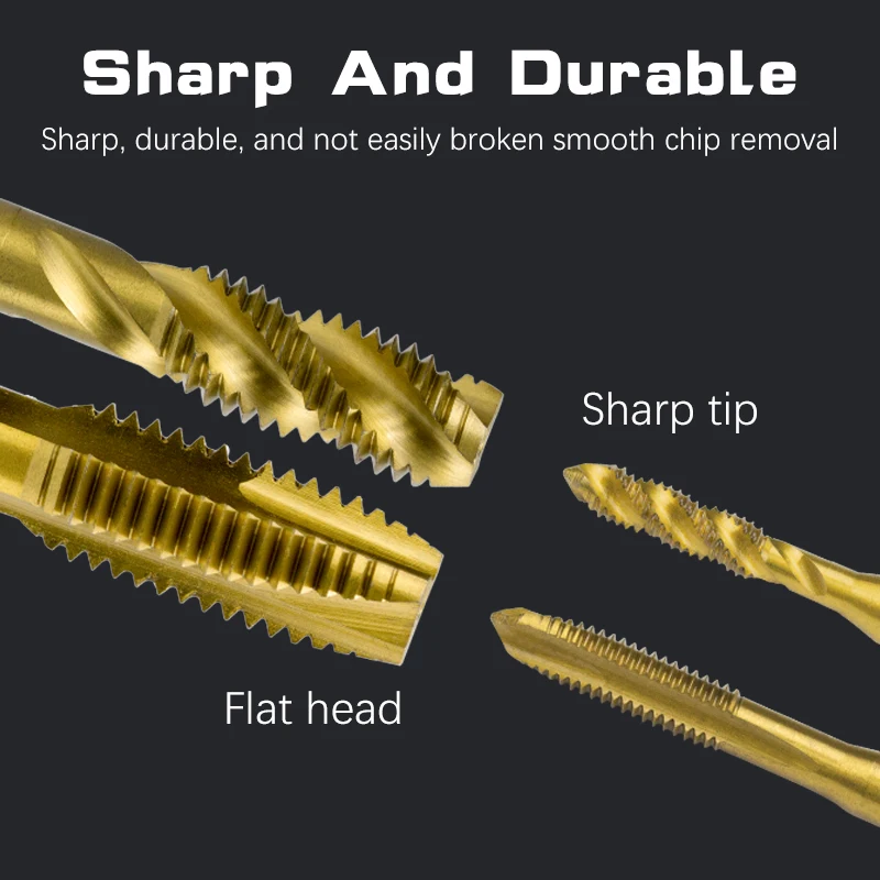 Grifo de punta en espiral HSS chapado en titanio métrico, grifo de flauta en espiral M2 M2.5 M3 M4 M5 M6 M7 M8 M10 M12, rosca de tornillo de grifo de máquina