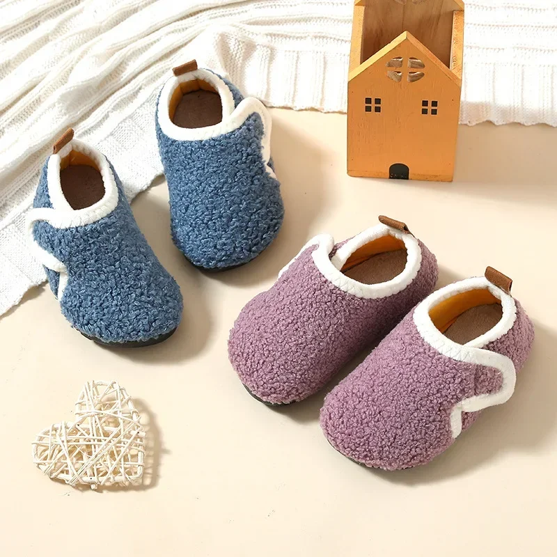 Pantuflas criança chinelos de algodão sólido quente criança inverno casa sapato menino menina sapato de chão de pelúcia interior sola macia anti-deslizamento sapato de algodão