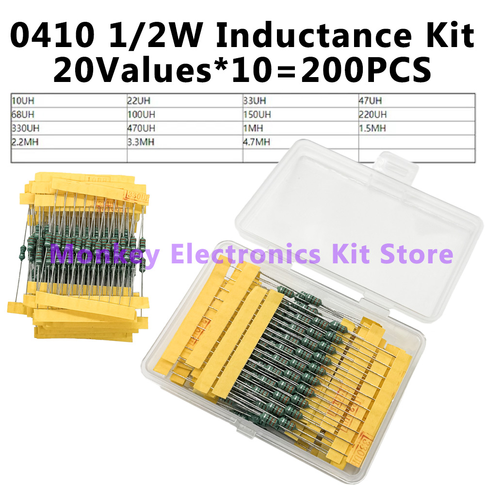 1 Juego de 200 Uds Kit surtido de inductores 1UH-4.7MH 20 valores DIP inductancia Color anillo Inductor Kit surtido
