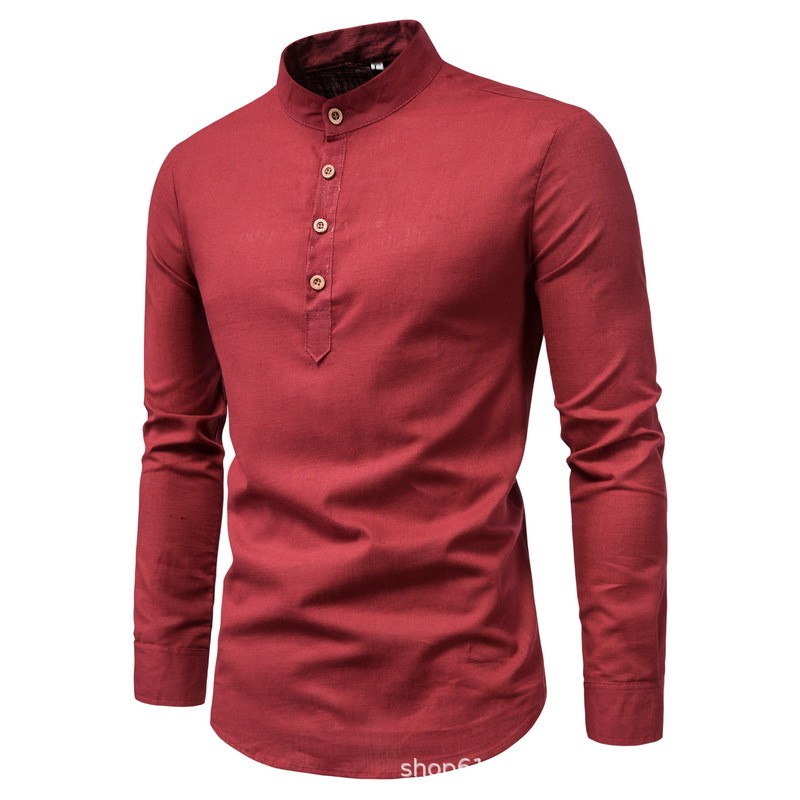 Men's solid color casual slim fitting standing collar long sleeved business shirt shirt