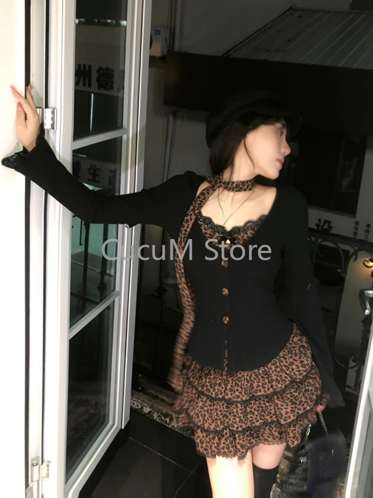 アメリカンレトロヒョウ 2 点セット甘いホットガールスリムトップス + Y2k グランジファッションミニスカートヴィンテージストリートスーツシック