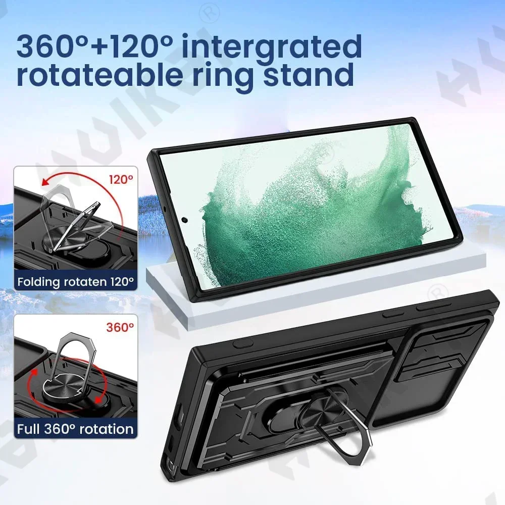 Чехол для Samsung Galaxy S25 S24 S23 S22 S21 Ultra Plus S20 FE A55 A35 A54 A14 4G 5G Slide Camera Card Holder 360 °   Крышка кольца