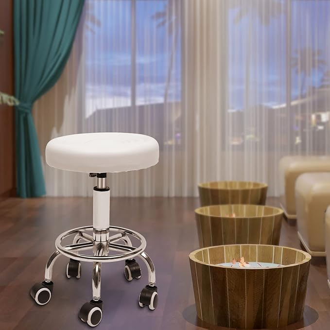 Moderner runder Rollhocker aus PU-Leder mit Fußstütze, höhenverstellbar, Spa-Zeichensalonstuhl, Tattoo-Arbeits-Massagestuhl, Weiß
