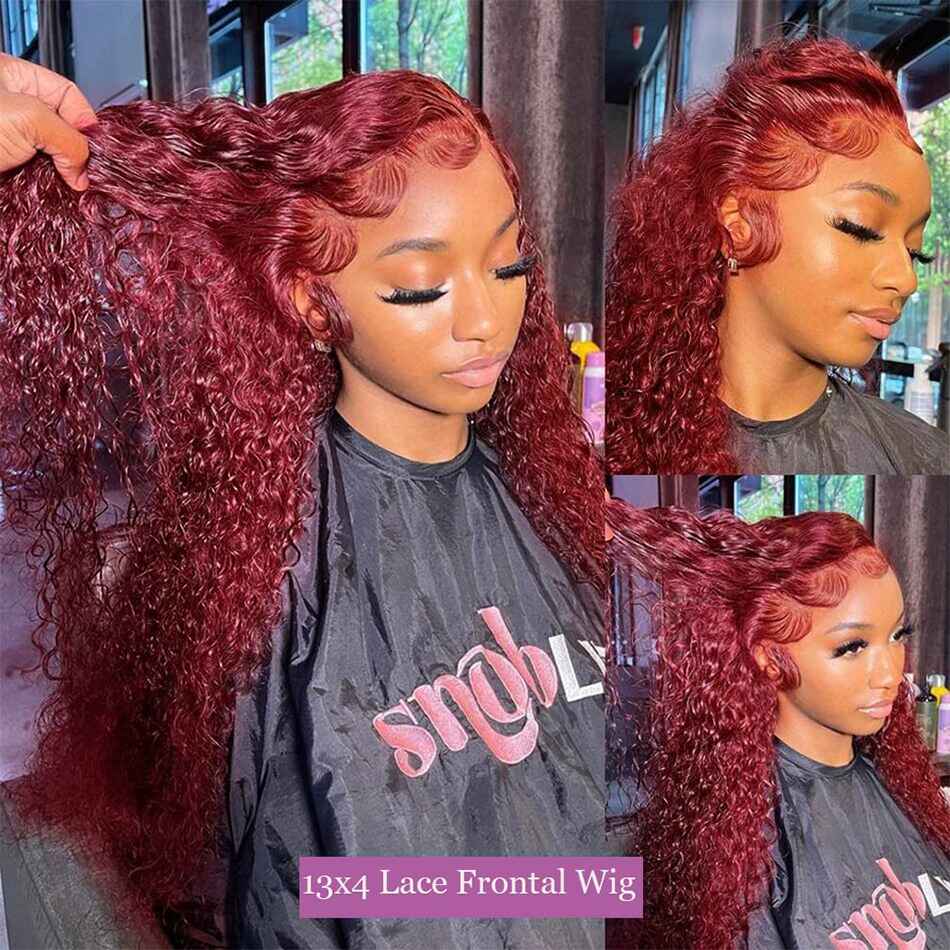 Perruque Lace Front Wig Naturelle Bouclée Rouge Bordeaux 99J, Cheveux Humains, Deep Wave, 13x6 HD