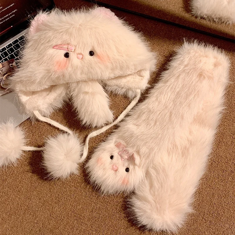 Nuovo simpatico cappello di peluche con gatto a forcina donna autunno inverno calore viso ispessito cappello pullover dimagrante scaldacollo versatile Natale