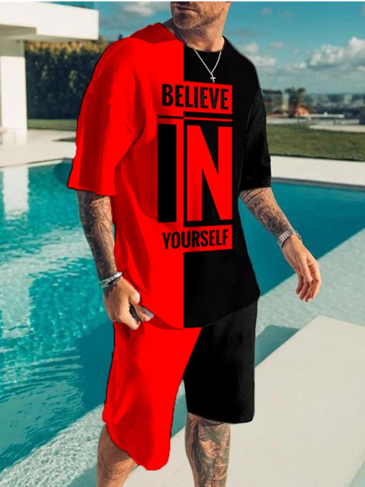 New Summer Men's Tracksuit Believe in Yourself T-shirt Shorts Set Sport Outfit Jogging Suit Oversized Clothes Outdoor Streetwear