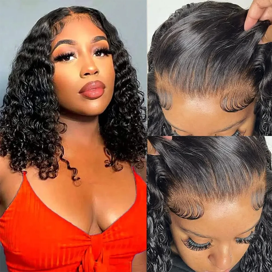 Parrucche frontali in pizzo brasiliano allentato onda profonda 13x4 parrucche per capelli umani 200% trasparente acqua riccia parrucca corta Bob parrucche Remy per le donne
