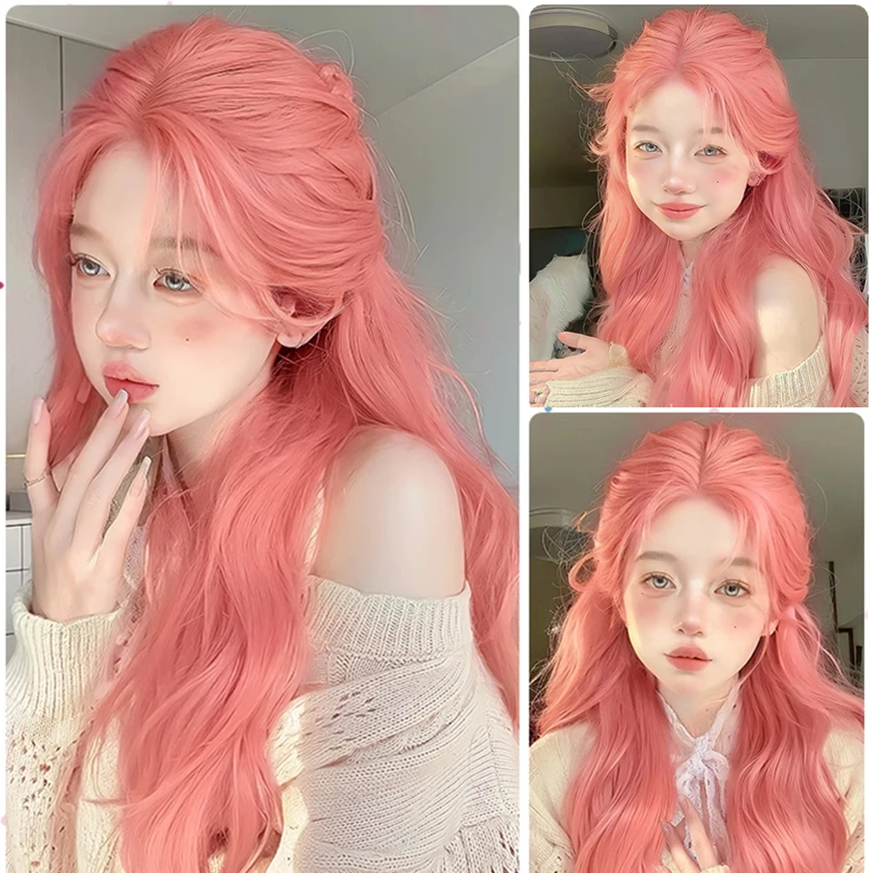 핑크 가발 긴 물결 모양의 합성 가발 중간 부분 자연 웨이브 가발 내열성 코스프레 파티 일일 헤어 가발 여성에게 적합 LM