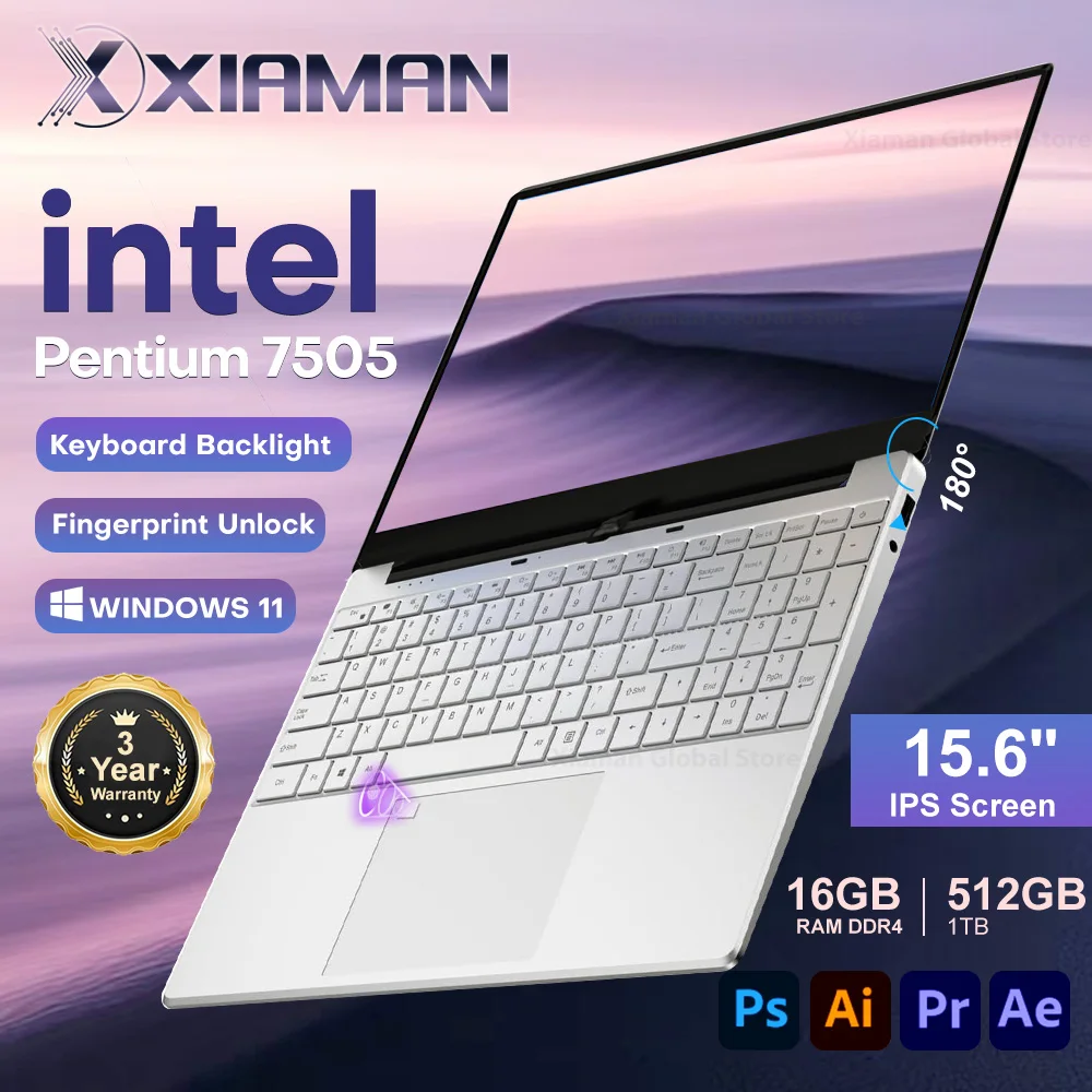 Xiaman 15,6 "ordenador portátil intel Pentium 7505 Windows 11 ordenadores portátiles de doble núcleo portátil PC Gamer Notebook con desbloqueo de huellas dactilares