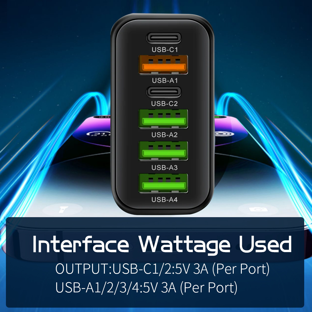 USB C Charger Total 65W Muti 6 Ports Fast Charging QC3.0 Type C Mobile Phone Wall Adapter for iPhone 15 Pro Max Xiaomi Samsung