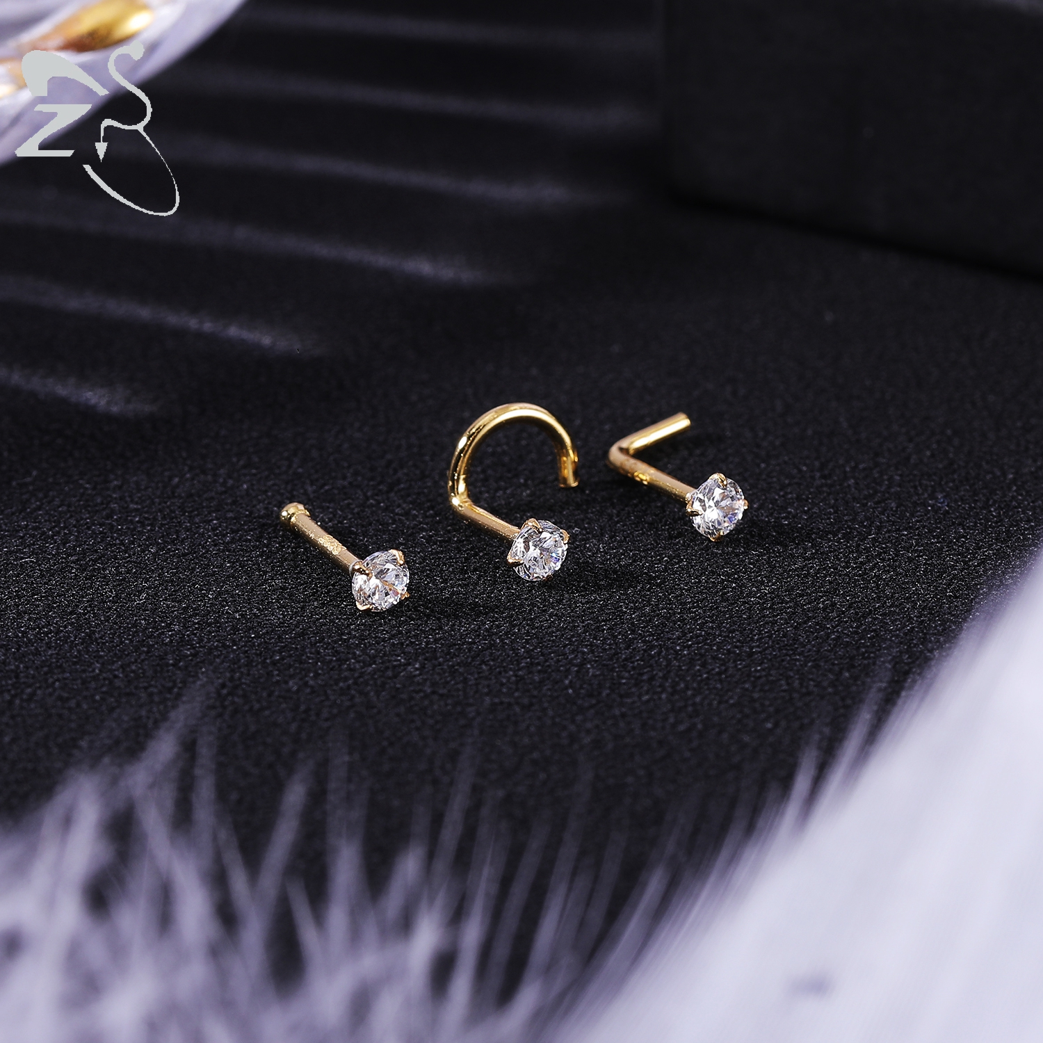 ZS 1PC 18/20G 925 เงินสเตอร์ลิงสตั๊ดจมูกทองสีคริสตัลเจาะจมูกสกรู L-Shape Retainer เจาะจมูก 2-3.5 มม.
