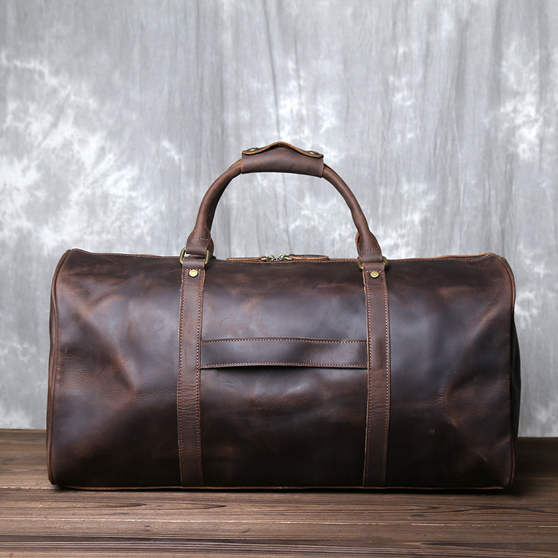 Vintage Túi Đeo Chéo Da Nam Phong Cách Hành Lý Xách Tay Ngựa Điên Da Bò Lớn Dung Tích 1 Vai Duffel Bag