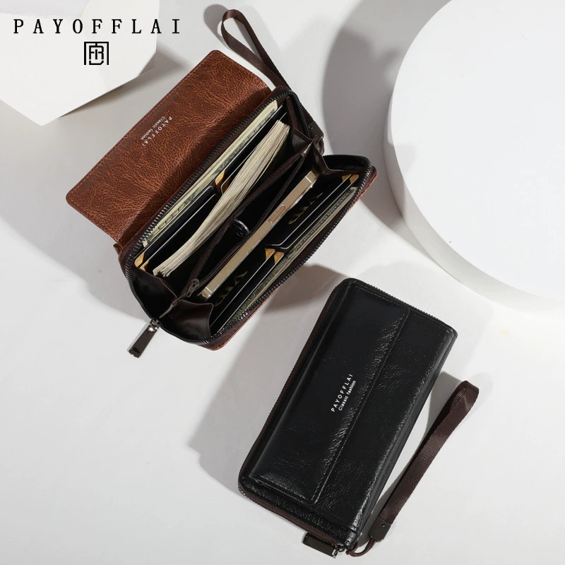 Men's PU Zipper Handbag Large Capacity Long Wallet Clutch Bag Phone Bag Multi Card Card Holder Coin Purse Wallet Double Layer