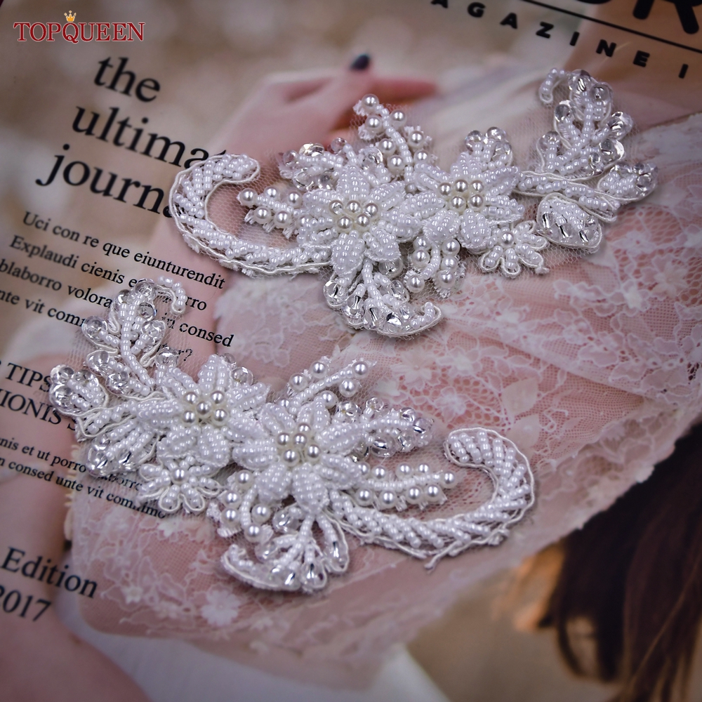 TOPQUEEN SP23 ดอกไม้ลูกปัดแพทช์เจ้าสาวลูกไม้เย็บผ้าApplique Pearl Tulle DIYชุดแต่งงานอุปกรณ์ตกแต่ง