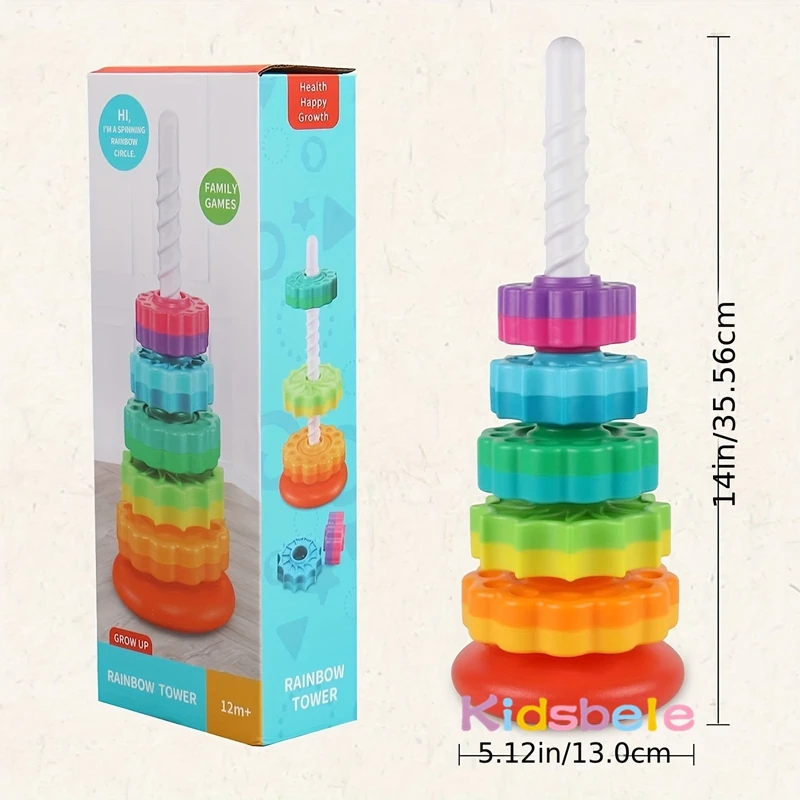 เด็ก Rainbow Spinning Stacking ของเล่น Spin ของเล่นเพื่อการศึกษา Montessori และสี Rainbow Design แหวน Stacker ของเล่นเด็ก