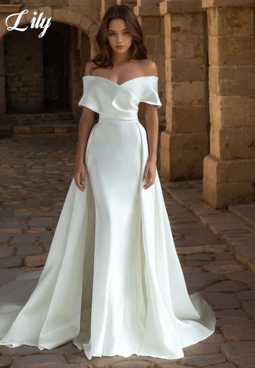 Lily White Elegant Evening Dresses Off the Shoulder Backless Prom Dress Satin Mermaid Wedding Party Dress robe de bal Customized